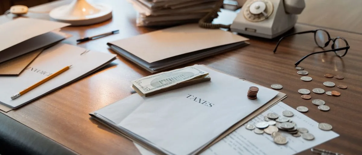 A desk at the end of the day: a bound ledger, reading glasses, a rotary telephone and loose coins.