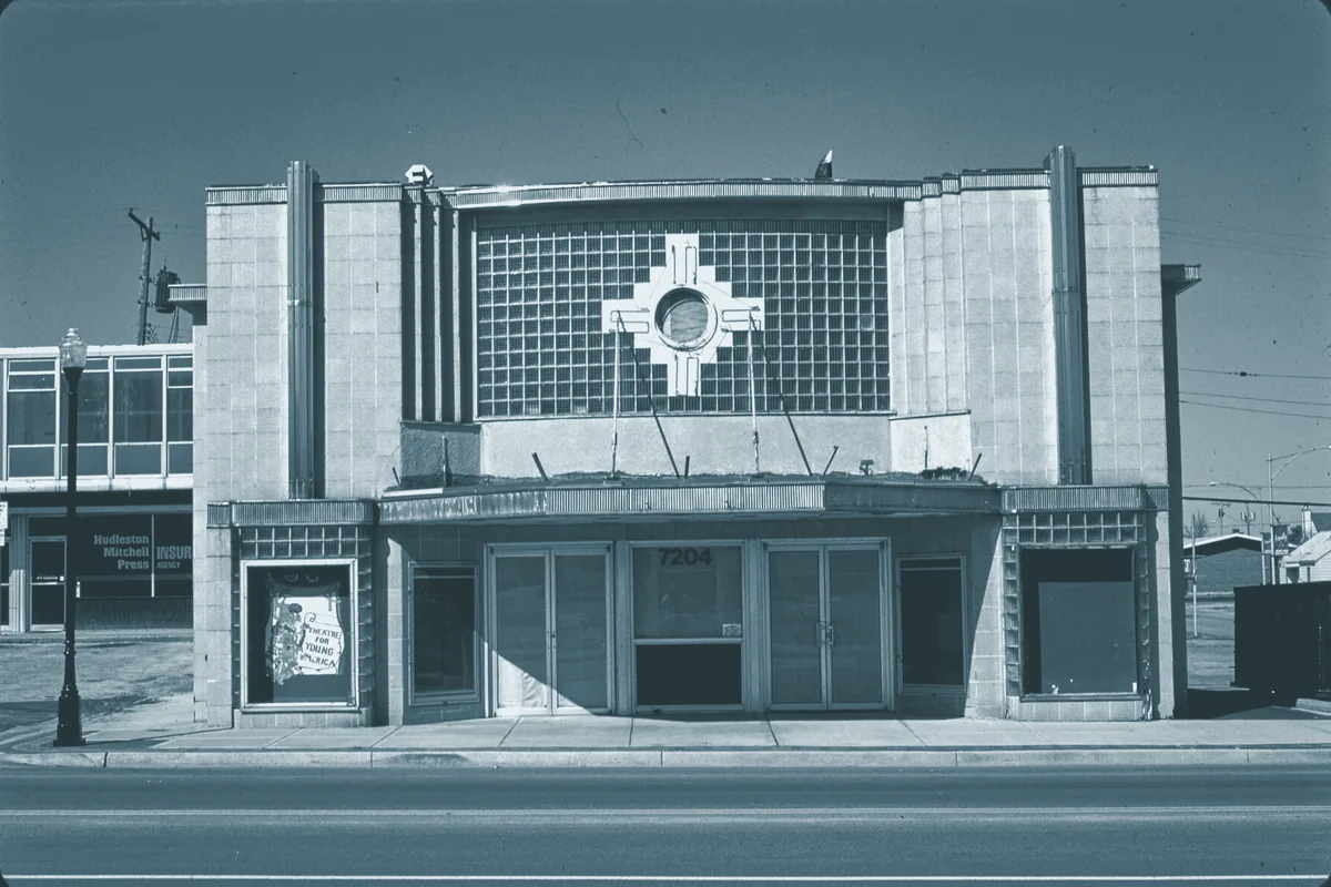 The Art Deco facade of the Overland Theater on West 80th Street in Overland Park, Kansas.